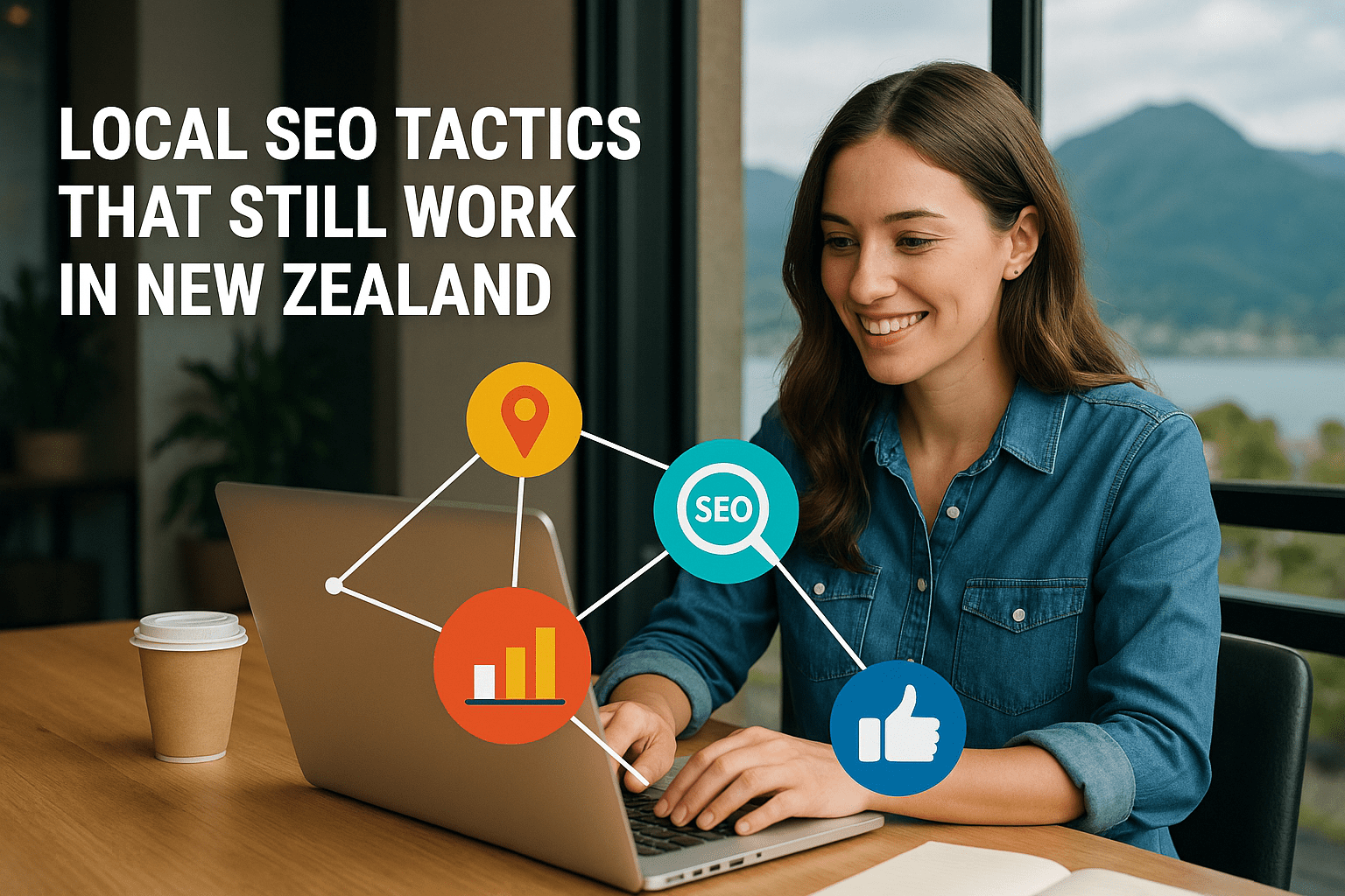 Modern digital marketing desk with laptop showing Google Maps, SEO graphs, and New Zealand elements – landscape image for local SEO NZ blog post